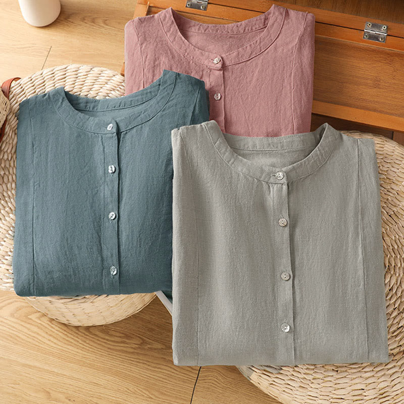 Buddha Stones Camicia da donna in cotone con bottoni, a maniche lunghe, modello patchwork semplice, stile pendolarismo autunnale - image 26