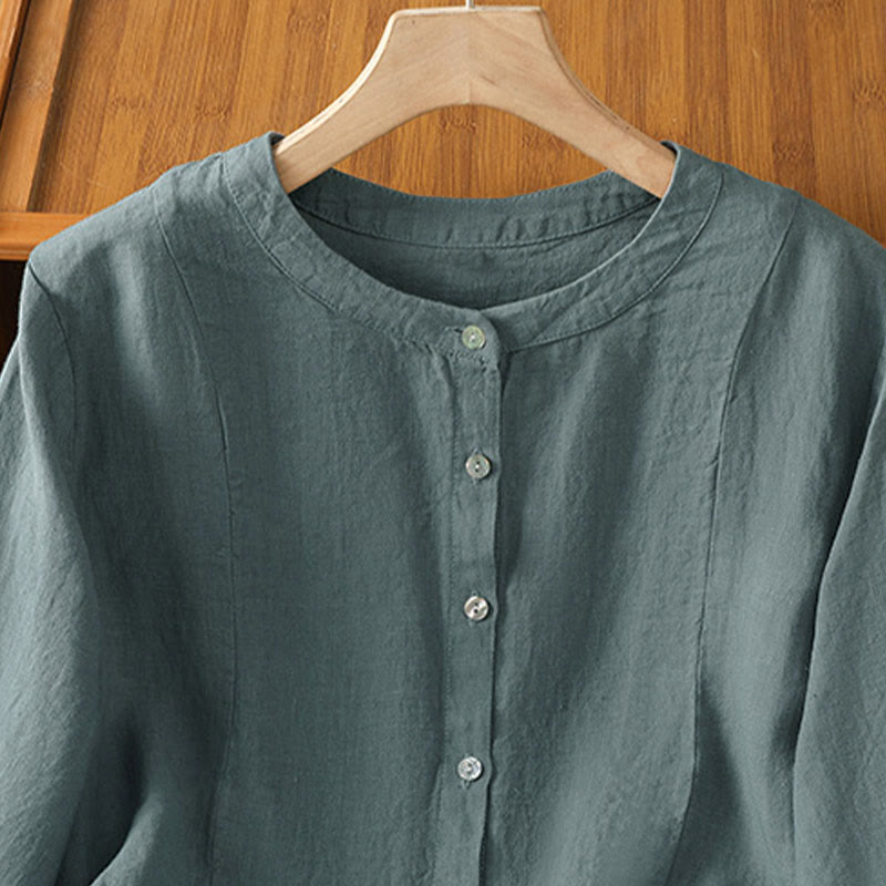 Buddha Stones Camicia da donna in cotone con bottoni, a maniche lunghe, modello patchwork semplice, stile pendolarismo autunnale - image 20