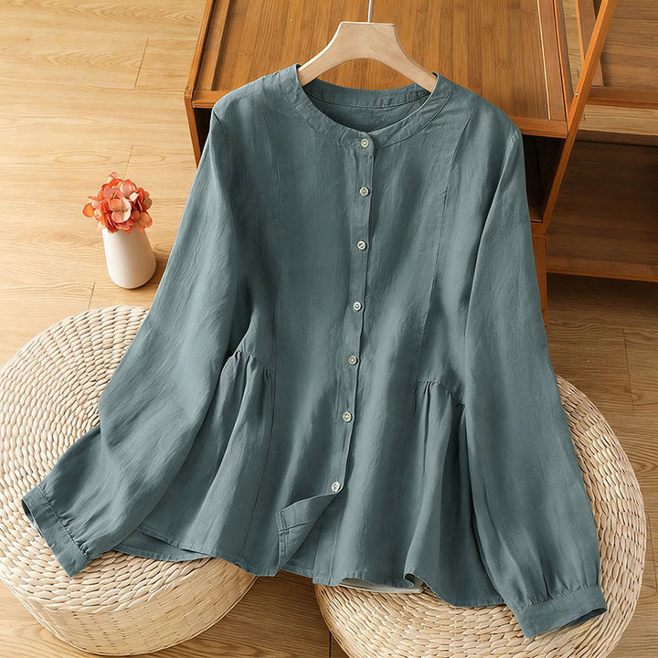 Buddha Stones Camicia da donna in cotone con bottoni, a maniche lunghe, modello patchwork semplice, stile pendolarismo autunnale - CadetBlue - US8-10, UK/AU12-14, EU40-42 (2XL) - image 18