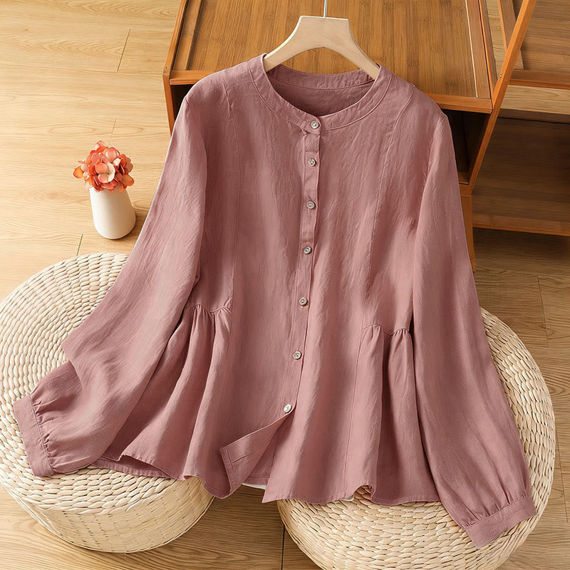Buddha Stones Camicia da donna in cotone con bottoni, a maniche lunghe, modello patchwork semplice, stile pendolarismo autunnale - Corallo chiaro - US8-10, UK/AU12-14, EU40-42 (2XL) - image 0