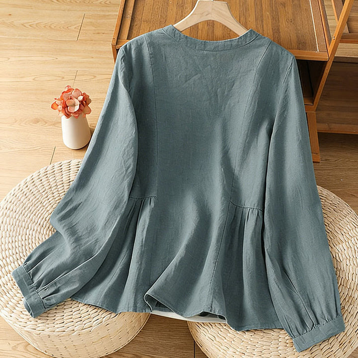 Buddha Stones Camicia da donna in cotone con bottoni, a maniche lunghe, modello patchwork semplice, stile pendolarismo autunnale - image 19