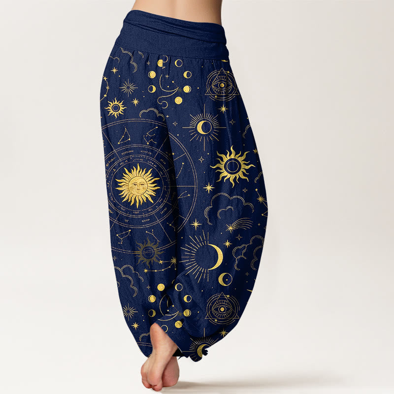 Buddha Stones Pantaloni harem da donna in cotone con elastico in vita, motivo sole, luna, stelle, costellazioni e nuvole - image 1