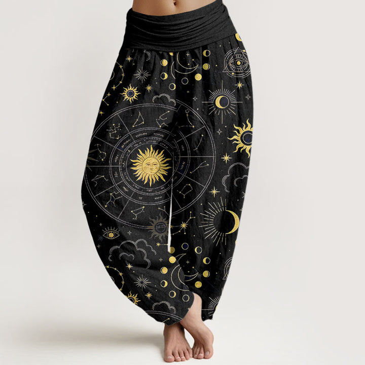 Buddha Stones Pantaloni harem da donna in cotone con elastico in vita, motivo sole, luna, stelle, costellazioni e nuvole - Nero - US16, UK/AU20, EU48 (3XL) - image 5