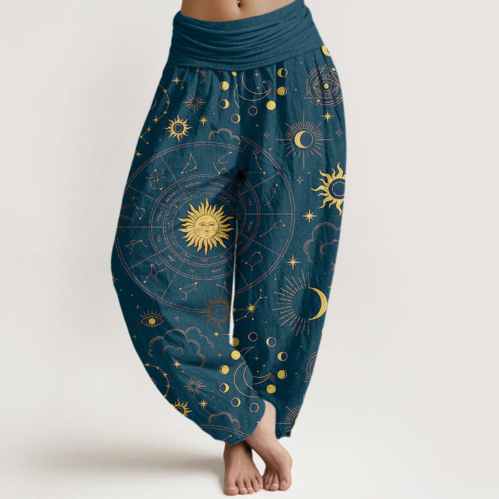 Buddha Stones Pantaloni harem da donna in cotone con elastico in vita, motivo sole, luna, stelle, costellazioni e nuvole - Verde acqua - US16, UK/AU20, EU48 (3XL) - image 8