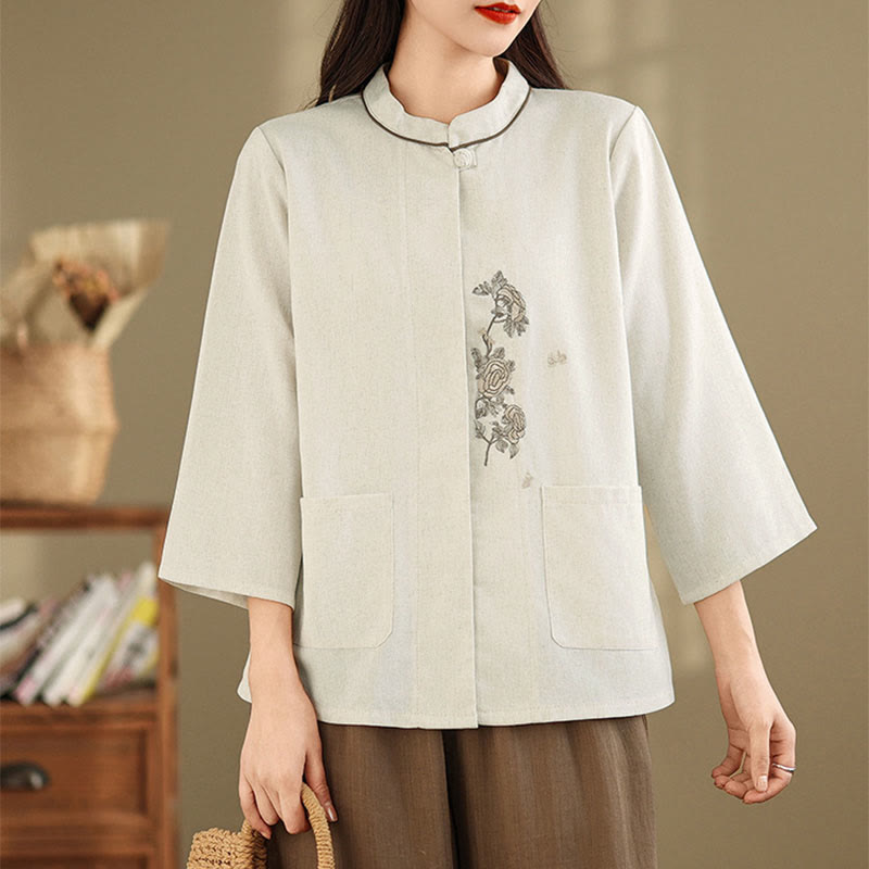 Buddha Stones Camicia da donna in cotone con maniche a tre quarti, motivo floreale ricamato e tasche - image 11