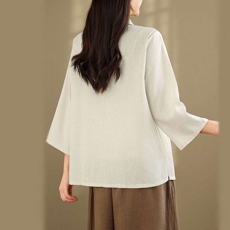 Buddha Stones Camicia da donna in cotone con maniche a tre quarti, motivo floreale ricamato e tasche - image 12