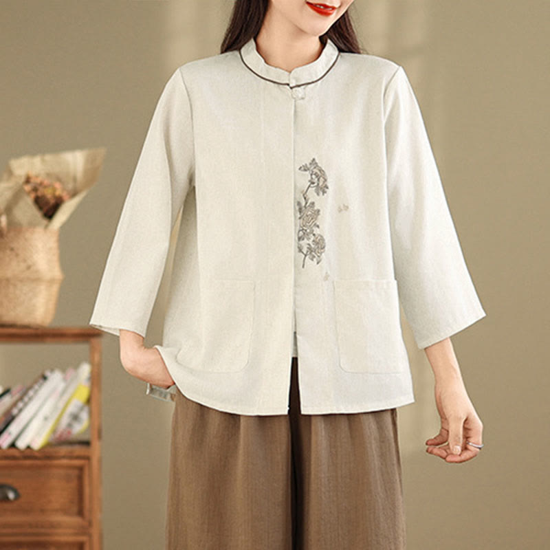 Buddha Stones Camicia da donna in cotone con maniche a tre quarti, motivo floreale ricamato e tasche - image 8