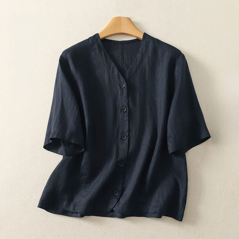 Buddha Stones Camicia da donna a maniche corte con scollo a V, tinta unita, design semplice, bottoni - Blu notte - US8-10, UK/AU12-14, EU40-42 (2XL) - image 14