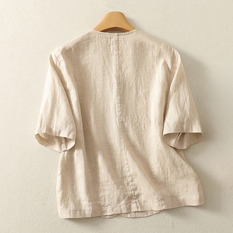 Buddha Stones Camicia da donna a maniche corte con scollo a V, tinta unita, design semplice, bottoni - image 5
