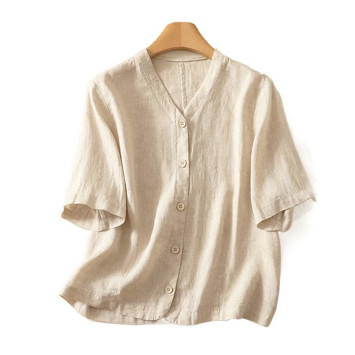 Buddha Stones Camicia da donna a maniche corte con scollo a V, tinta unita, design semplice, bottoni - image 13