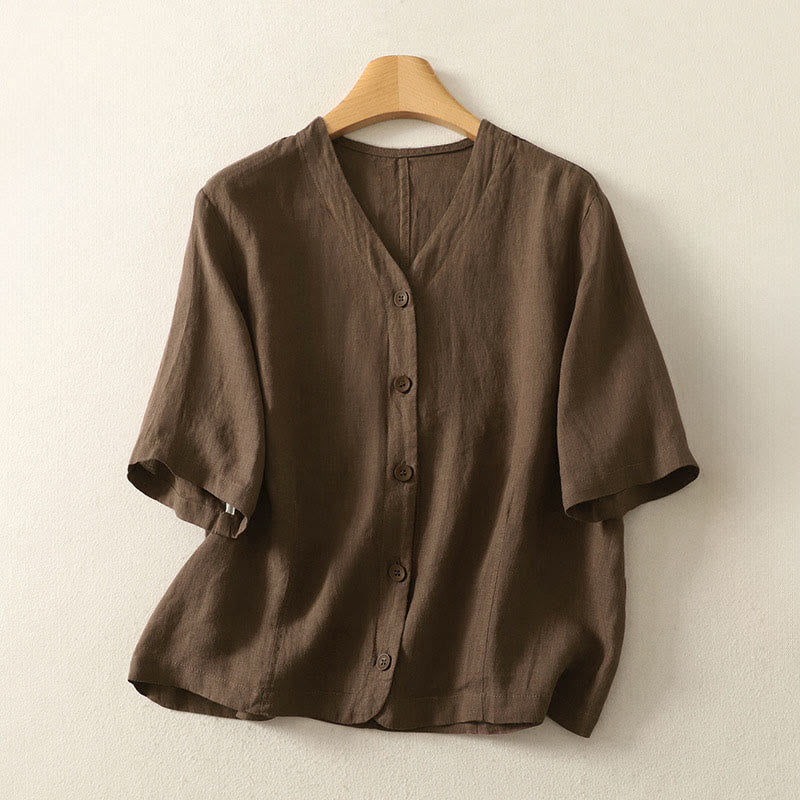 Buddha Stones Camicia da donna a maniche corte con scollo a V, tinta unita, design semplice, bottoni - Marrone sella - US8-10, UK/AU12-14, EU40-42 (2XL) - image 18