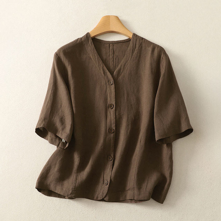 Buddha Stones Camicia da donna a maniche corte con scollo a V, tinta unita, design semplice, bottoni - Marrone sella - US8-10, UK/AU12-14, EU40-42 (2XL) - image 18