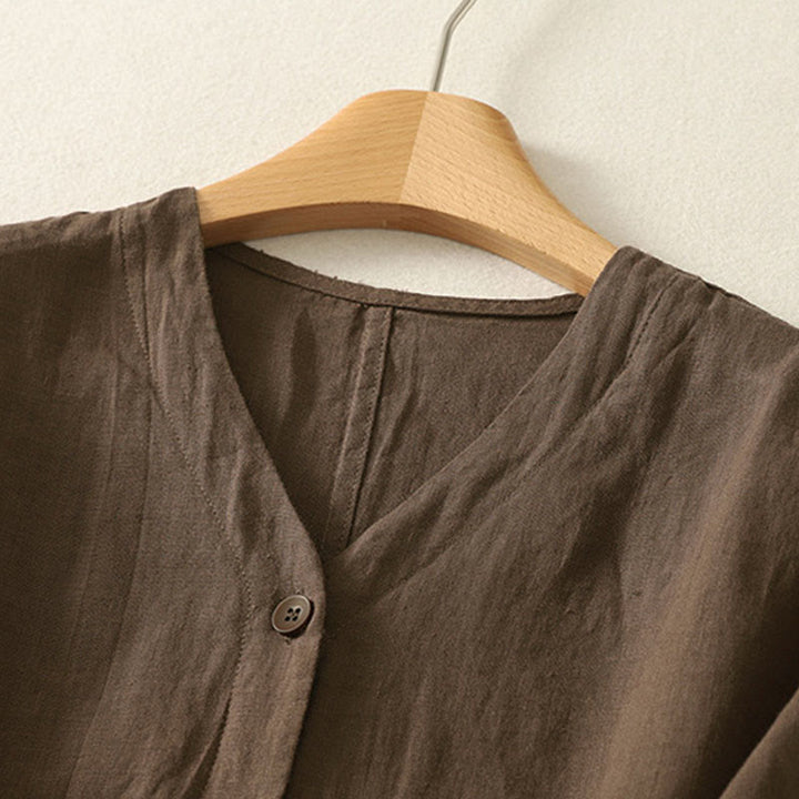 Buddha Stones Camicia da donna a maniche corte con scollo a V, tinta unita, design semplice, bottoni - image 19