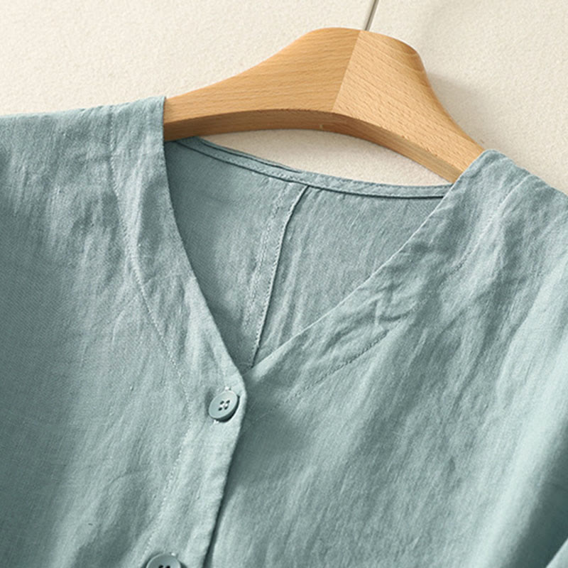 Buddha Stones Camicia da donna a maniche corte con scollo a V, tinta unita, design semplice, bottoni - image 1