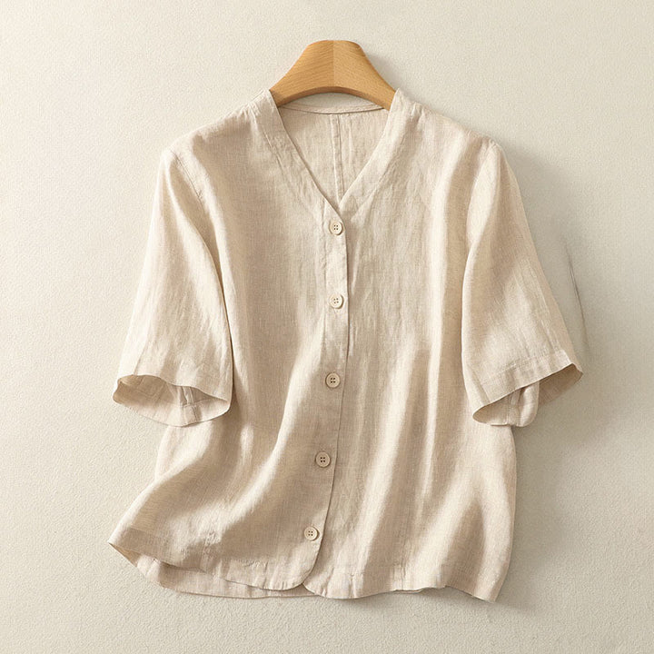 Buddha Stones Camicia da donna a maniche corte con scollo a V, tinta unita, design semplice, bottoni - PapayaWhip - US8-10, UK/AU12-14, EU40-42 (2XL) - image 4
