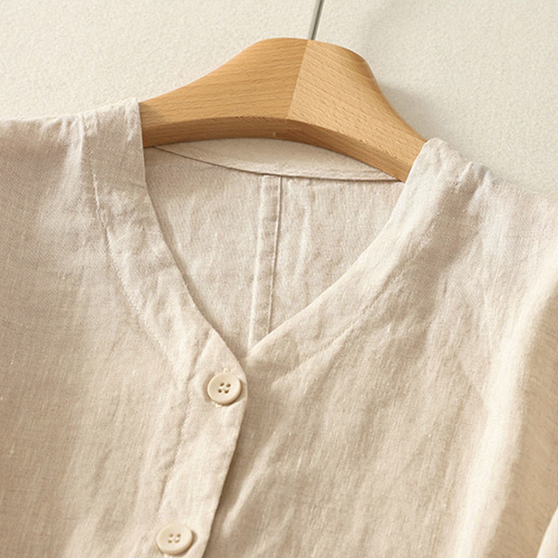 Buddha Stones Camicia da donna a maniche corte con scollo a V, tinta unita, design semplice, bottoni - image 6