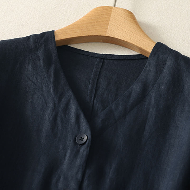 Buddha Stones Camicia da donna a maniche corte con scollo a V, tinta unita, design semplice, bottoni - image 15
