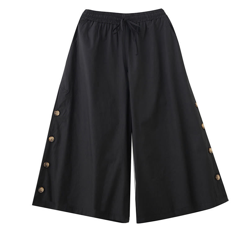 Buddha Stones Pantaloni Capri a gamba larga da donna con tasche e design laterale abbottonato semplice - image 9