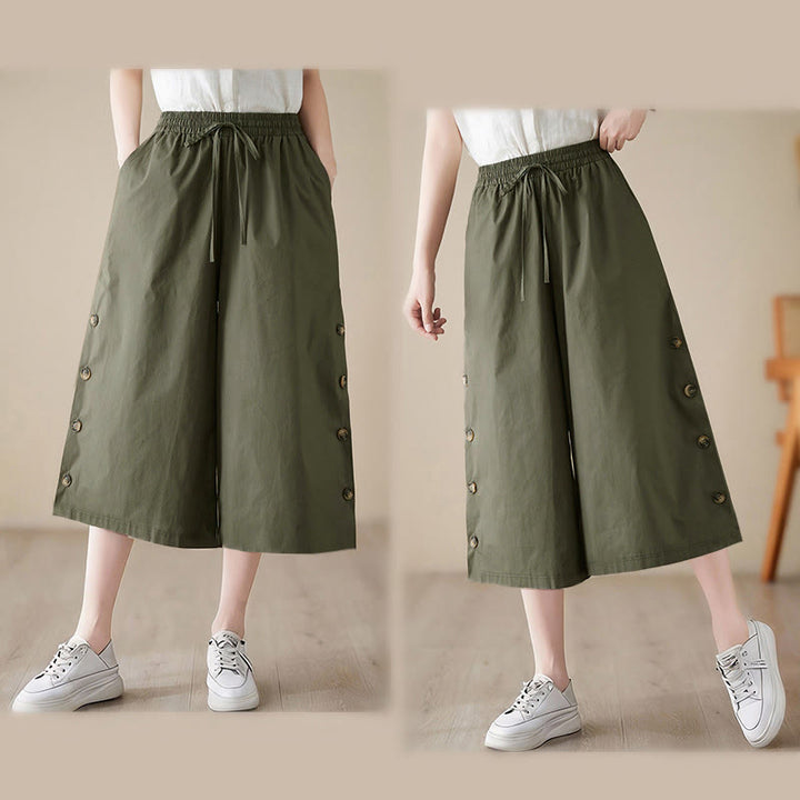 Buddha Stones Pantaloni Capri a gamba larga da donna con tasche e design laterale abbottonato semplice - image 13