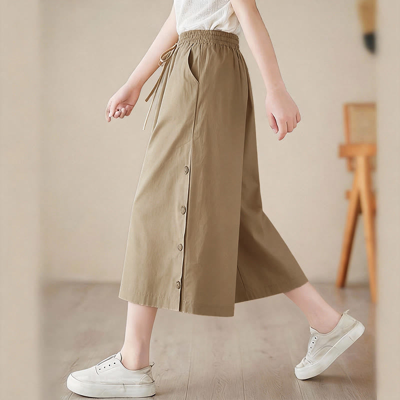 Buddha Stones Pantaloni Capri a gamba larga da donna con tasche e design laterale abbottonato semplice - image 17