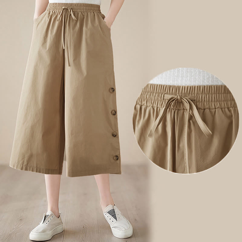 Buddha Stones Pantaloni Capri a gamba larga da donna con tasche e design laterale abbottonato semplice - image 18