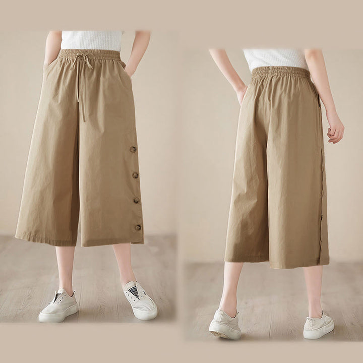 Buddha Stones Pantaloni Capri a gamba larga da donna con tasche e design laterale abbottonato semplice - image 21