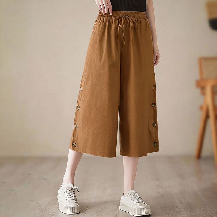 Buddha Stones Pantaloni Capri a gamba larga da donna con tasche e design laterale abbottonato semplice - image 2