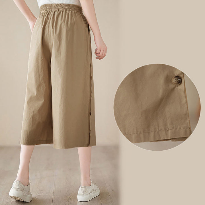 Buddha Stones Pantaloni Capri a gamba larga da donna con tasche e design laterale abbottonato semplice - image 20