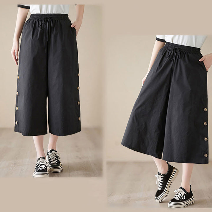 Buddha Stones Pantaloni Capri a gamba larga da donna con tasche e design laterale abbottonato semplice - image 8