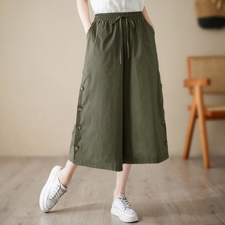 Buddha Stones Pantaloni Capri a gamba larga da donna con tasche e design laterale abbottonato semplice - Verde oliva scuro - US8-10, UK/AU12-14, EU40-42 (2XL) - image 10