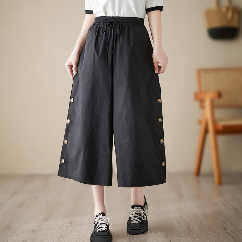 Buddha Stones Pantaloni Capri a gamba larga da donna con tasche e design laterale abbottonato semplice - Nero - US8-10, UK/AU12-14, EU40-42 (2XL) - image 5