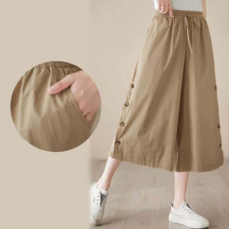 Buddha Stones Pantaloni Capri a gamba larga da donna con tasche e design laterale abbottonato semplice - image 19