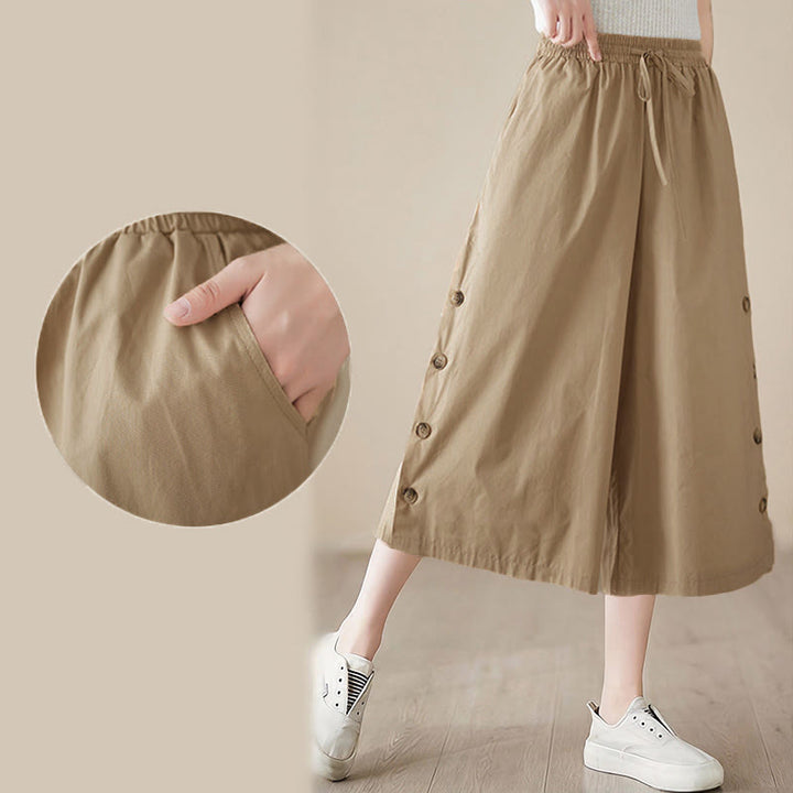 Buddha Stones Pantaloni Capri a gamba larga da donna con tasche e design laterale abbottonato semplice - image 19