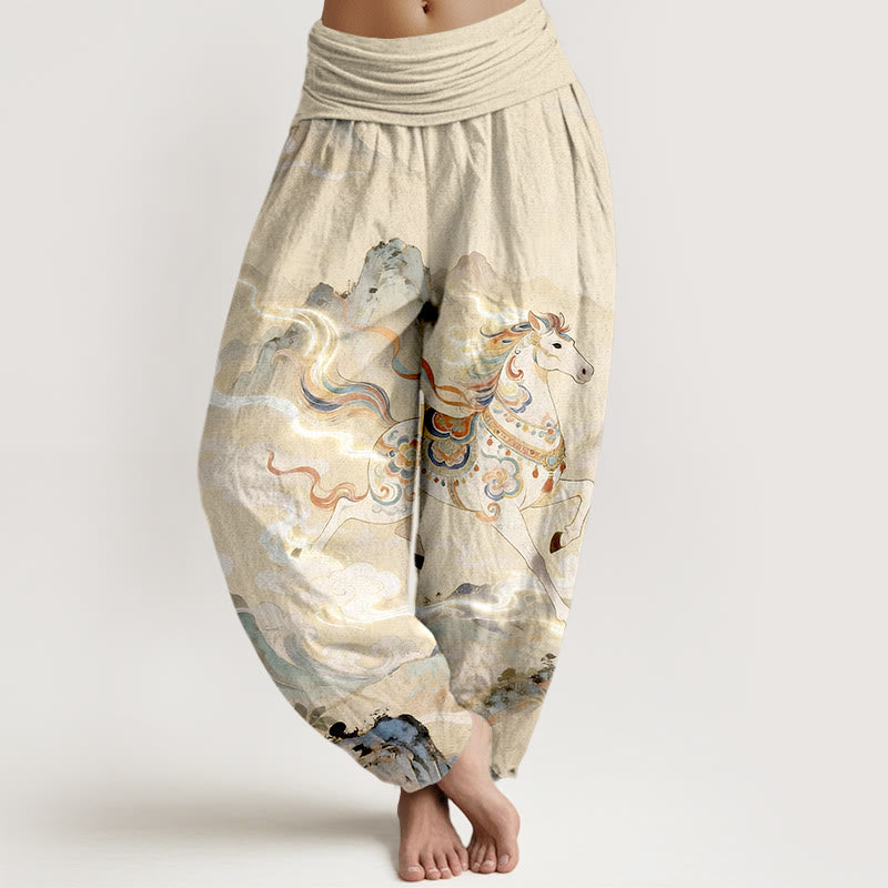 Buddha Stones Pantaloni harem da donna con elastico in vita e motivo a nuvole e cavalli di montagna in cotone - Verga d'oro chiaraGiallo - US16, UK/AU20, EU48 (3XL) - image 5