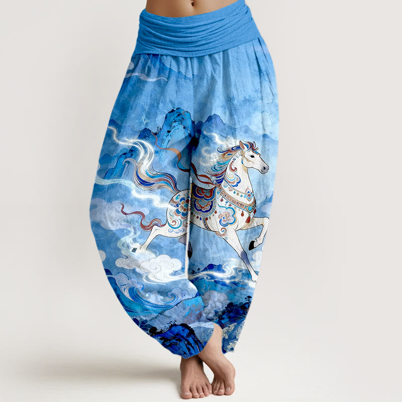 Buddha Stones Pantaloni harem da donna con elastico in vita e motivo a nuvole e cavalli di montagna in cotone - DodgerBlue - US16, UK/AU20, EU48 (3XL) - image 8