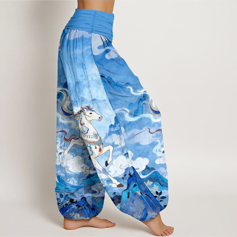 Buddha Stones Pantaloni harem da donna con elastico in vita e motivo a nuvole e cavalli di montagna in cotone - image 10