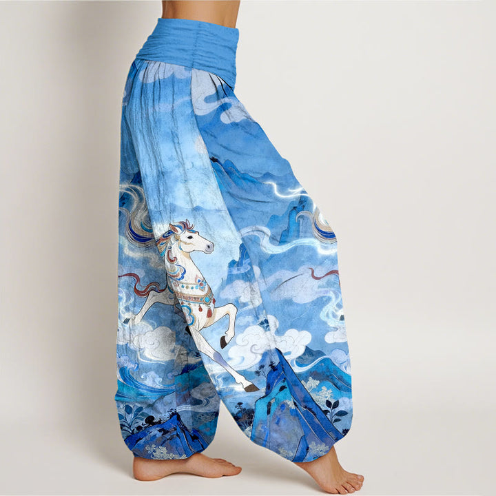 Buddha Stones Pantaloni harem da donna con elastico in vita e motivo a nuvole e cavalli di montagna in cotone - image 10