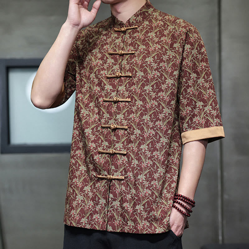 Buddha Stones Camicia da uomo in cotone con motivo floreale estivo a foglie colorate, manica corta, design con bottoni a rana - image 1
