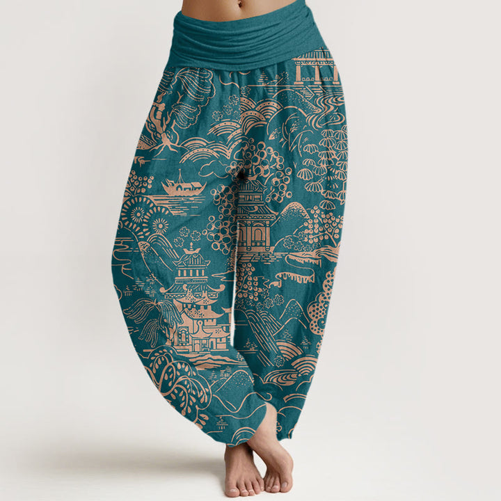 Buddha Stones Pantaloni harem da donna con elastico in vita e motivo a nuvole e alberi in cotone squisito - Verde acqua - US16, UK/AU20, EU48 (3XL) - image 0