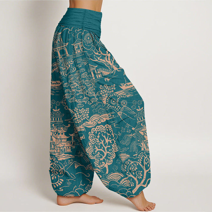 Buddha Stones Pantaloni harem da donna con elastico in vita e motivo a nuvole e alberi in cotone squisito - image 2