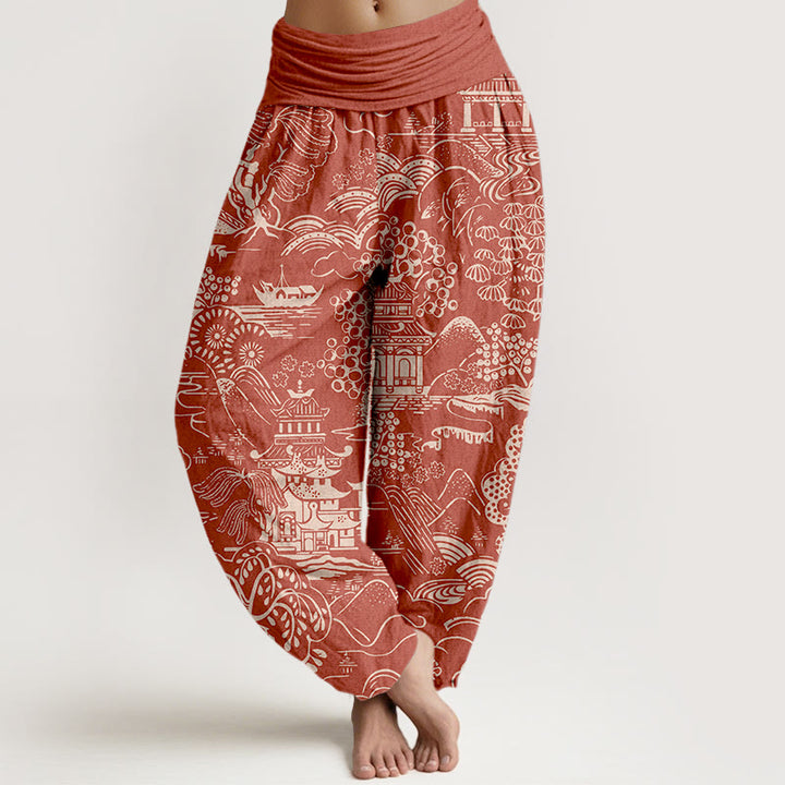 Buddha Stones Pantaloni harem da donna con elastico in vita e motivo a nuvole e alberi in cotone squisito - Pomodoro - US16, UK/AU20, EU48 (3XL) - image 5