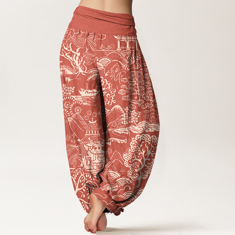 Buddha Stones Pantaloni harem da donna con elastico in vita e motivo a nuvole e alberi in cotone squisito - image 6