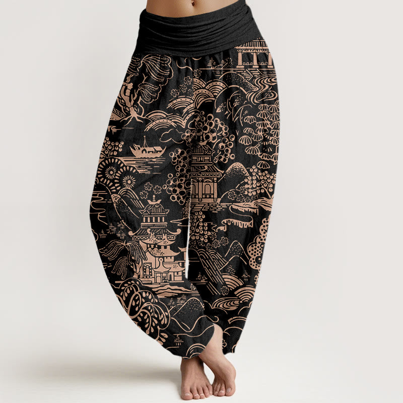 Buddha Stones Pantaloni harem da donna con elastico in vita e motivo a nuvole e alberi in cotone squisito - Nero - US16, UK/AU20, EU48 (3XL) - image 8