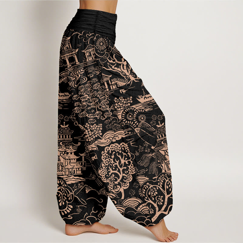 Buddha Stones Pantaloni harem da donna con elastico in vita e motivo a nuvole e alberi in cotone squisito - image 10