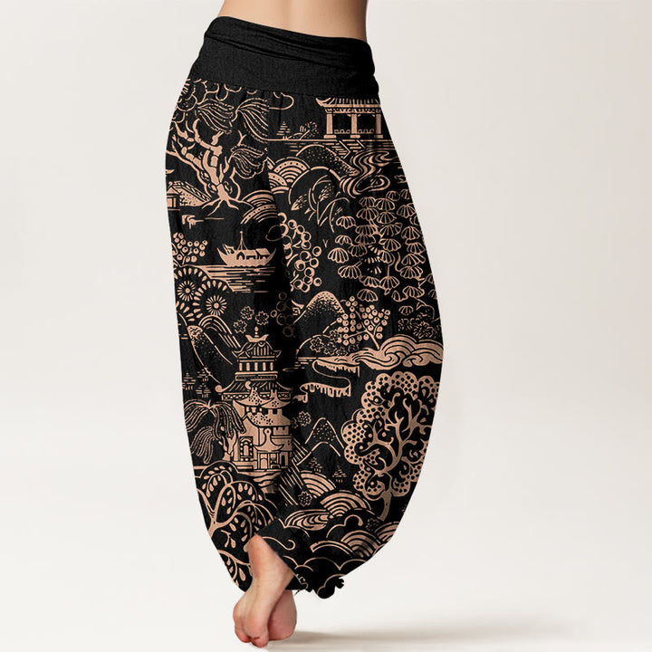 Buddha Stones Pantaloni harem da donna con elastico in vita e motivo a nuvole e alberi in cotone squisito - image 9
