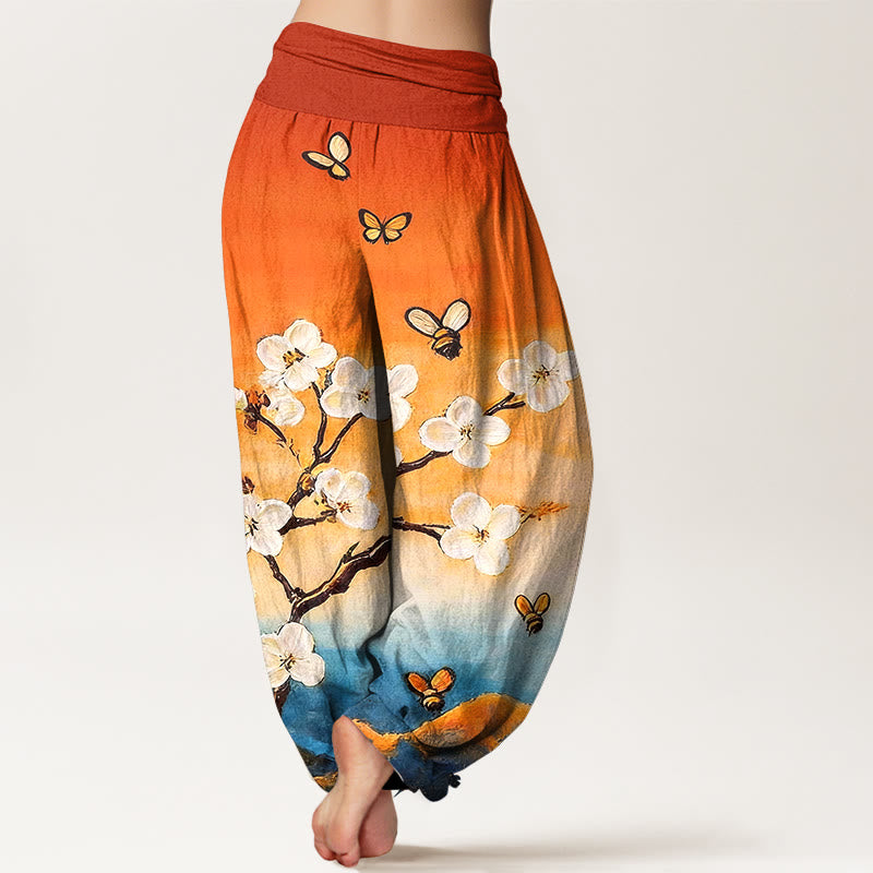 Buddha Stones Pantaloni harem da donna in cotone con elastico in vita, motivo a fiori colorati, farfalle e api - image 1