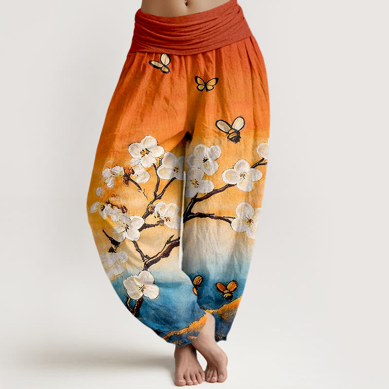 Buddha Stones Pantaloni harem da donna in cotone con elastico in vita, motivo a fiori colorati, farfalle e api - Arancione scuro - US16, UK/AU20, EU48 (3XL) - image 0