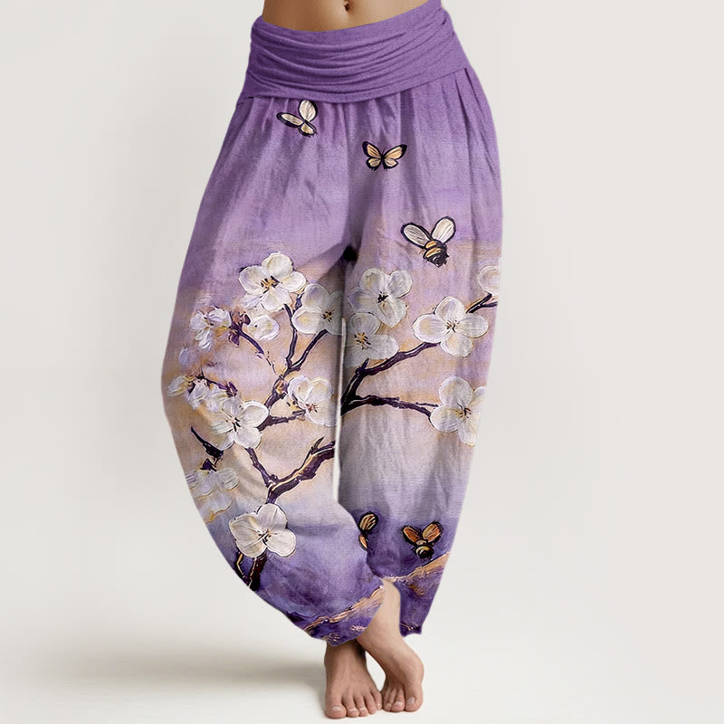 Buddha Stones Pantaloni harem da donna in cotone con elastico in vita, motivo a fiori colorati, farfalle e api - Viola medio - US16, UK/AU20, EU48 (3XL) - image 5