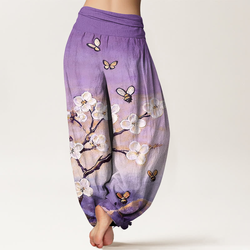 Buddha Stones Pantaloni harem da donna in cotone con elastico in vita, motivo a fiori colorati, farfalle e api - image 6