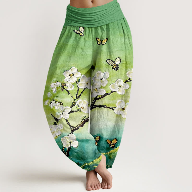 Buddha Stones Pantaloni harem da donna in cotone con elastico in vita, motivo a fiori colorati, farfalle e api - Primavera Verde - US16, UK/AU20, EU48 (3XL) - image 8